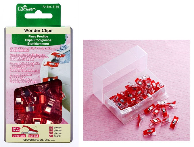 Clover Wonder Clips Red 50pc with Storage Case 3156, Fabric Clips for Sewing and Quilting, Binding Clips