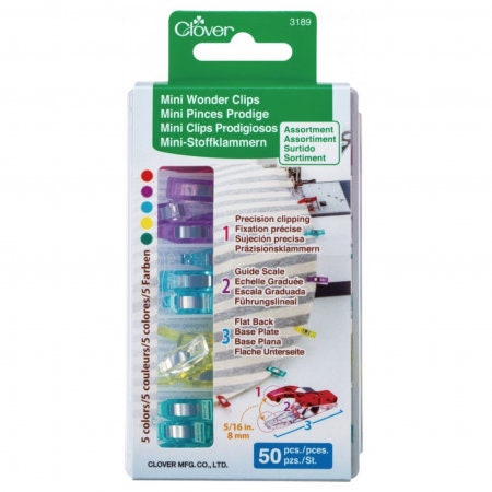 Clover Mini Wonder Clips Assorted 50pc with Storage Case 3189, Fabric Clips for Sewing and Quilting, Binding Clips