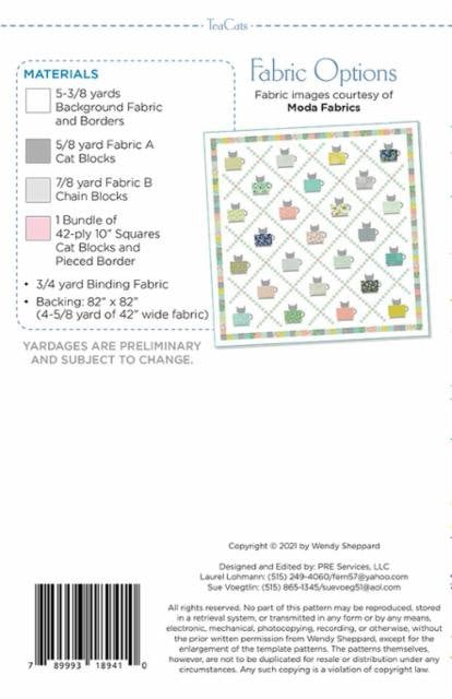 Tea Cats Quilt Pattern - Wendy Sheppard WS41, Cat Themed Quilt Pattern, Layer Cake Friendly Cat Quilt Pattern, Easy Piecing Quilt Pattern