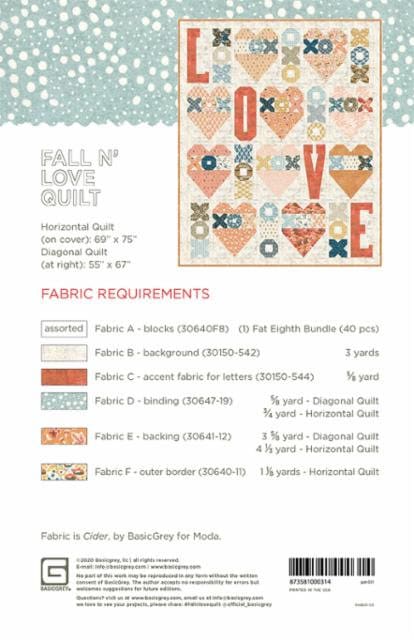 Fall N Love Quilt Pattern by BasicGrey PAT031, Modern Love Themed Quilt Pattern in Two Sizes, Fat Eighth Friendly, Hugs Kisses Quilt Pattern