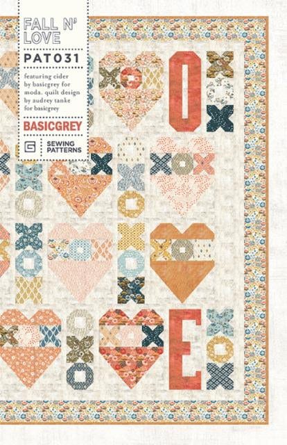 Fall N Love Quilt Pattern by BasicGrey PAT031, Modern Love Themed Quilt Pattern in Two Sizes, Fat Eighth Friendly, Hugs Kisses Quilt Pattern
