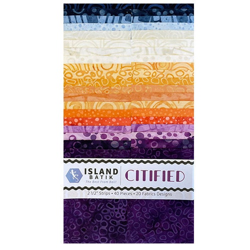 Island Batik Citified Strip Pack, 40 2 1/2" Pre Cut Fabric Strips, Purple Gold Cream Batik Fabric Strips, Blue Gold Purple Batiks