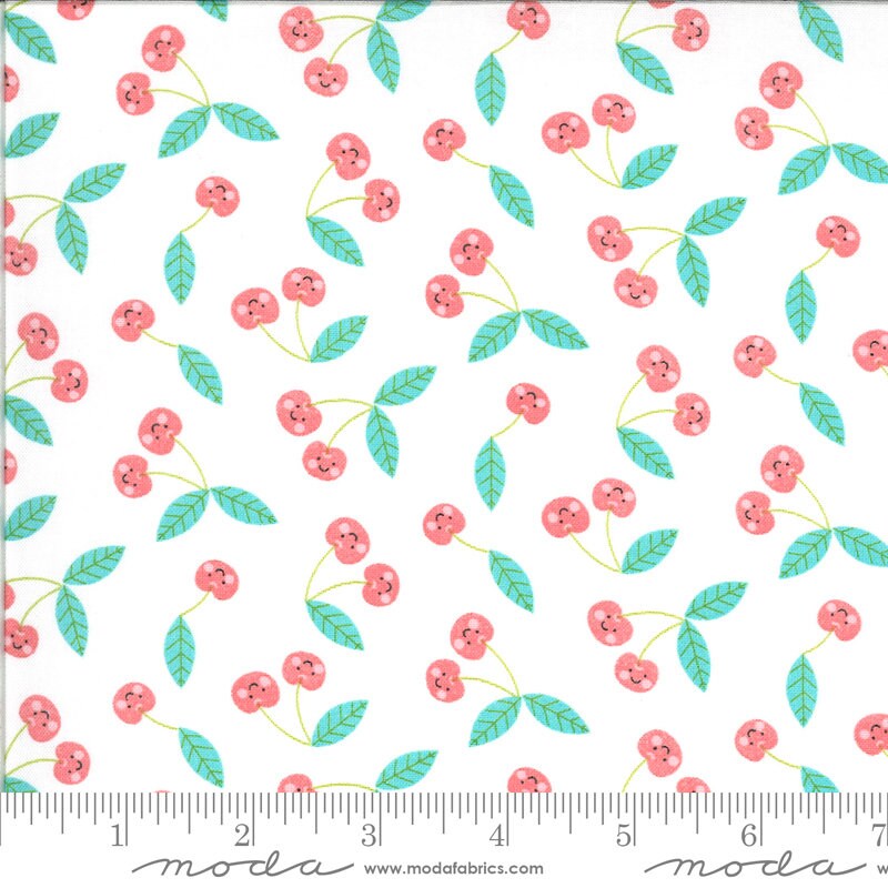 Hello Sunshine Cherries on White Fabric - 55" REMNANT CUT - Moda 35353-11, Gender Neutral Baby Fabric, Unisex Baby Fabric 1.5 yard cut
