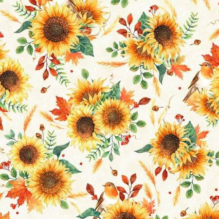 Fall for Autumn Sunflowers with Birds Fabric with Gold Metallic - Hoffman Fabrics U4984H-116G, Fall Sunflower Themed Fabric, By the Yard