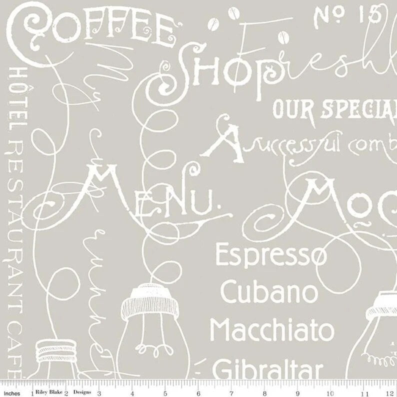 Coffee Chalk Chalkboard on Taupe Fabric - Riley Blake Designs C11035, Coffee Themed Blender Fabric, By the Yard