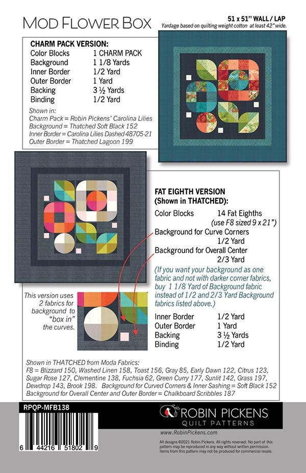 Mod Flower Box Quilt Pattern, Robin Pickens #RPQP-MFB138, Precut Friendly Quilt Pattern in Two Sizes, Modern Quilt Pattern