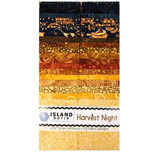 Island Batik Harvest Night Strip Pack, 40 2 1/2" Pre Cut Fabric Strips, Fall Colors Batik Fabric Strips, Gold Brown Green Batik Fabric