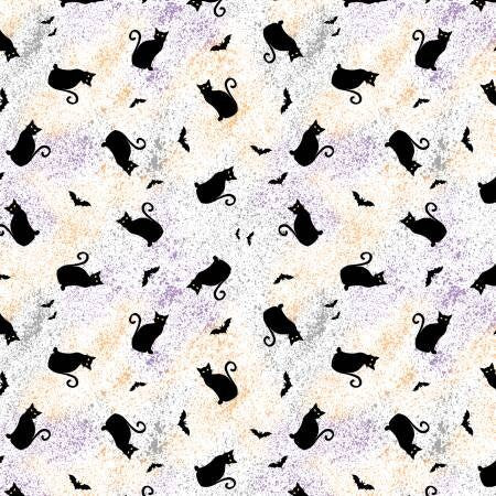 Gnome-ster Mash White Cat Toss Halloween Fabric - Wilmington Prints 82652 195, Cat Themed Fabric, Novelty Cat Fabric By the Yard
