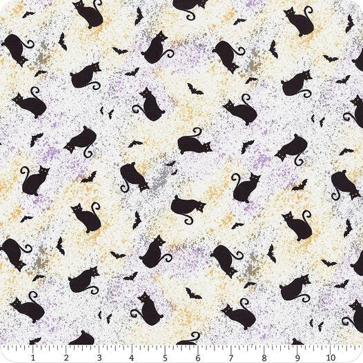 Gnome-ster Mash White Cat Toss Halloween Fabric - Wilmington Prints 82652 195, Cat Themed Fabric, Novelty Cat Fabric By the Yard