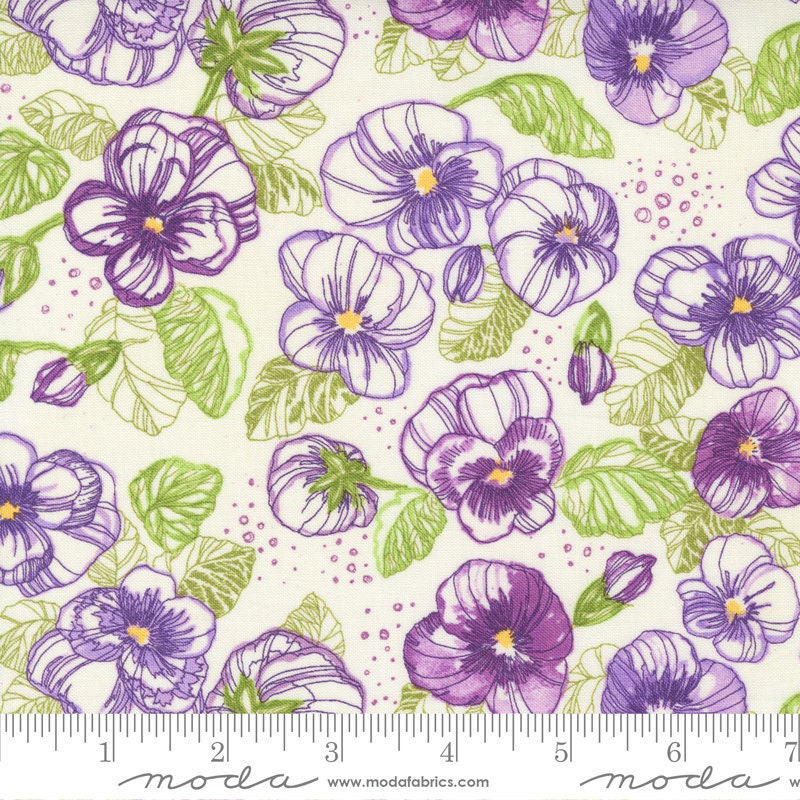 Pansy's Posies Cream Watercolor Pansies Fabric 28" REMNANT CUT - Moda 48721-11, Purple Cream Watercolor Floral Fabric