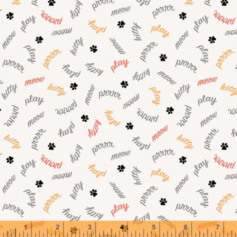 Mod Cats Play Words Fabric - Windham Fabrics 52610-1, Cat Themed Fabric, Novelty Cat Fabric, Cat Words Fabric By the Yard