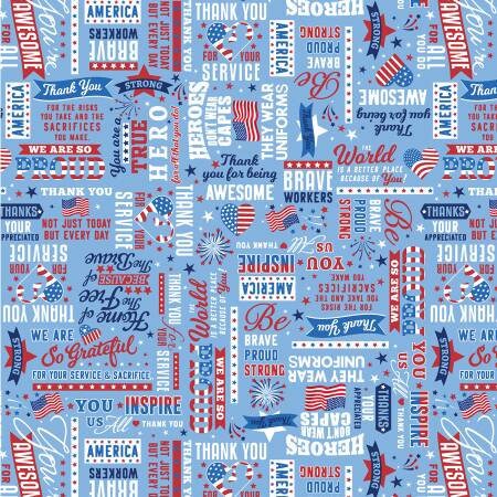 True Hero Medium Blue Patriotic Words Fabric - Kanvas by Benarex 14148B-54, Blue Patriotic Words Fabric By the Yard