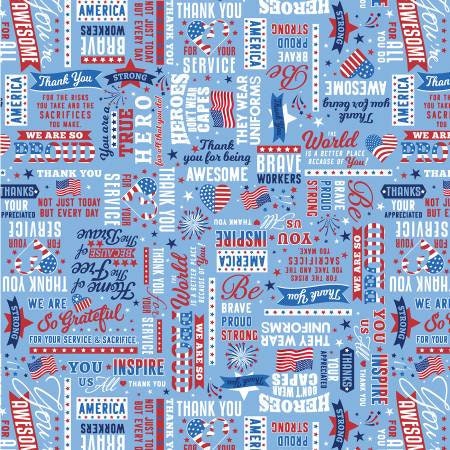 True Hero Medium Blue Patriotic Words Fabric - 26" REMNANT CUT - Kanvas by Benarex 14148B-54, Blue Patriotic Words Fabric