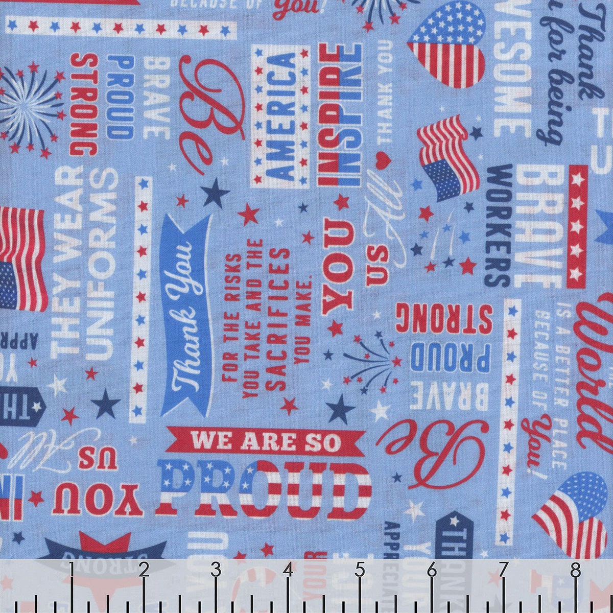 True Hero Medium Blue Patriotic Words Fabric - 26" REMNANT CUT - Kanvas by Benarex 14148B-54, Blue Patriotic Words Fabric