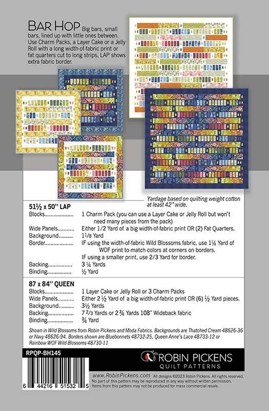 Bar Hop Quilt Pattern - Robin Pickens RPQPBH145, Charm Pack Layer Cake or Jelly Roll Friendly Quilt Pattern, Lap & Queen Size Quilt Pattern