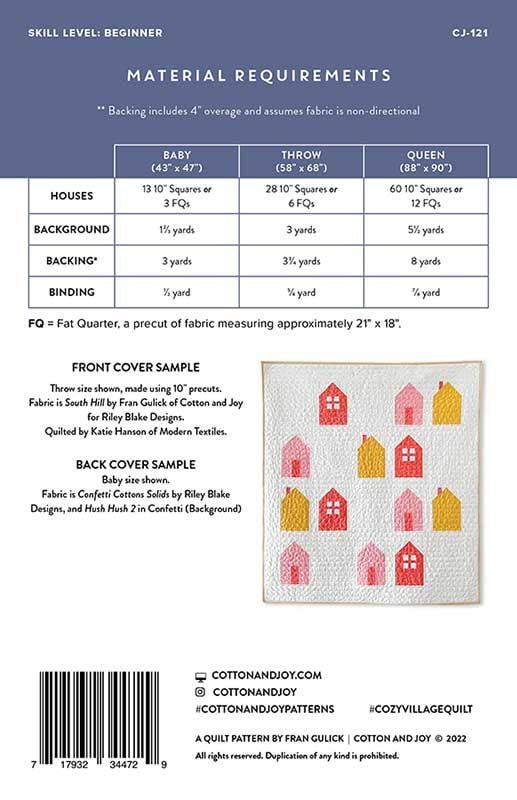 Cozy Village Quilt Pattern - Cotton and Joy CJ121, Fat Quarter and Layer Cake Friendly Houses Quilt Pattern in Three Sizes