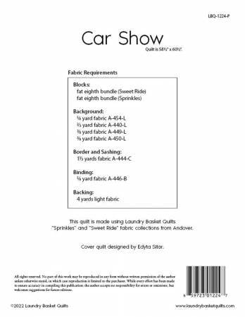 Car Show Pieced Quilt Pattern - Laundry Basket Quilts LBQ-1224-P, Car Themed Quilt Pattern, Fat Eighth Friendly Car Quilt Pattern