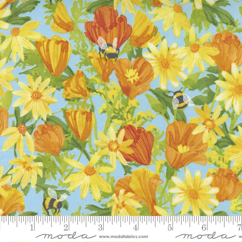 Wild Blossoms Daisies and Poppies Floral Mist Fabric Moda 48731-23, Orange Yellow Blue Daisy Floral Fabric By the Yard