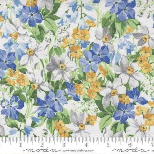 Summer Breeze Flower Garden Florals Fabric - 18" REMNANT CUT - Moda 33681-11, Blue and White Floral Fabric
