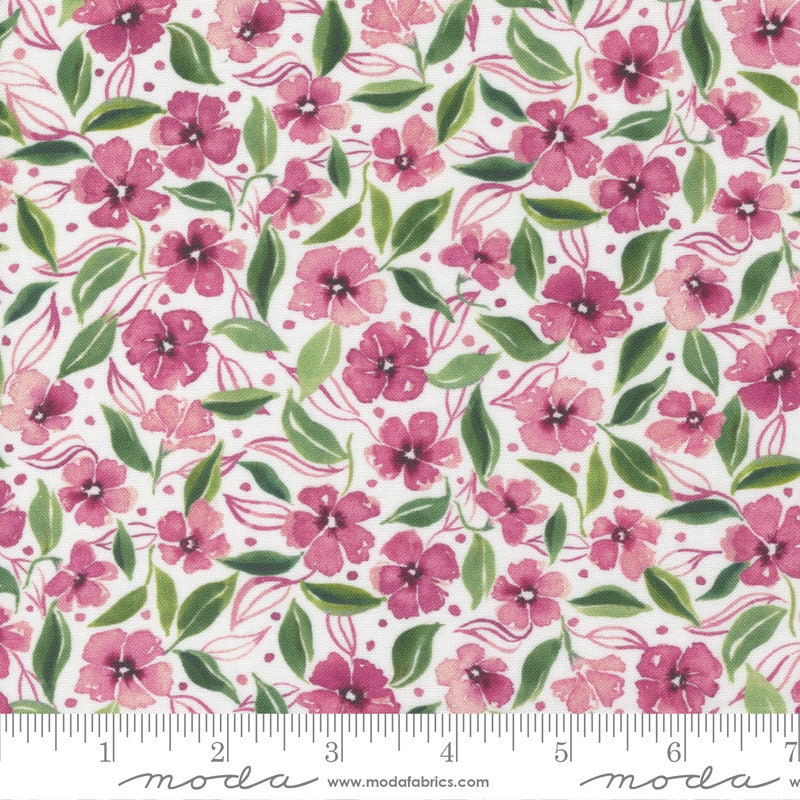 Chickadee Floral Vinca Vine Honey Rose Floral Fabric - Moda 39736-12, Pink Floral Watercolor Fabric By the Yard