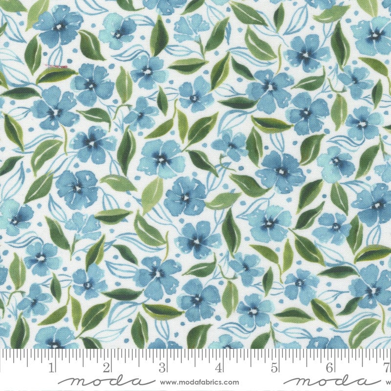 Chickadee Floral Vinca Vine Feather Blue Floral Fabric - Moda 39736-13, Blue Floral Watercolor Fabric By the Yard