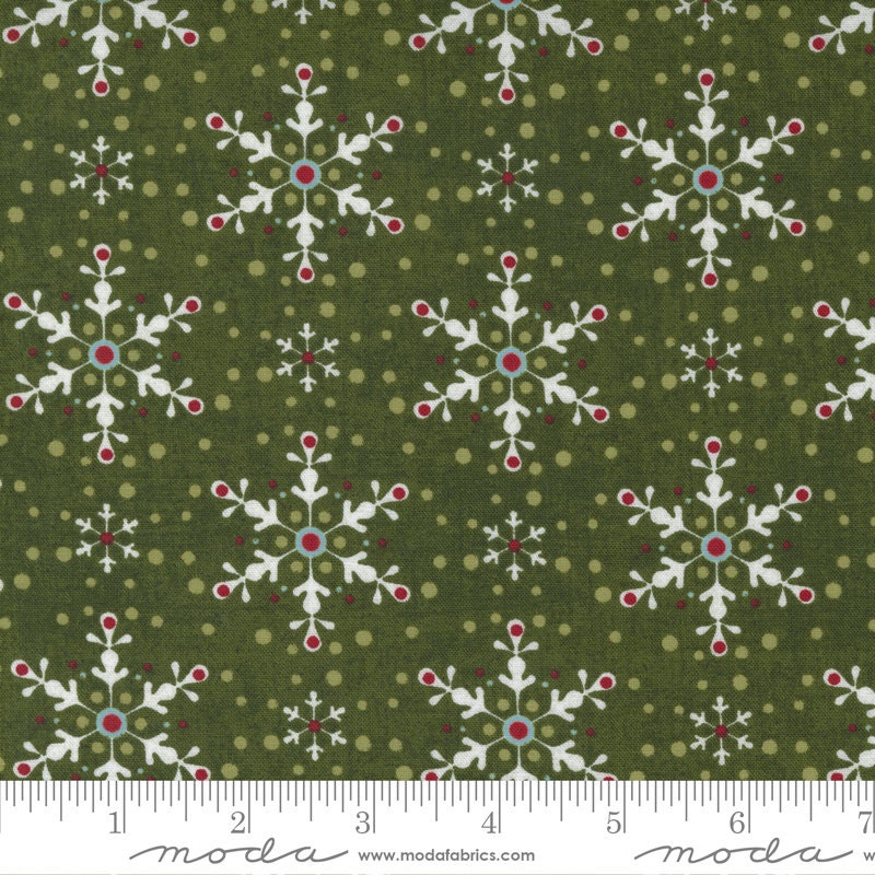Peppermint Bark Pine Green Winter Dots Fabric - Moda Fabrics 30695-16, Green Snowflake Fabric, Snowflake Christmas Fabric, By the Yard