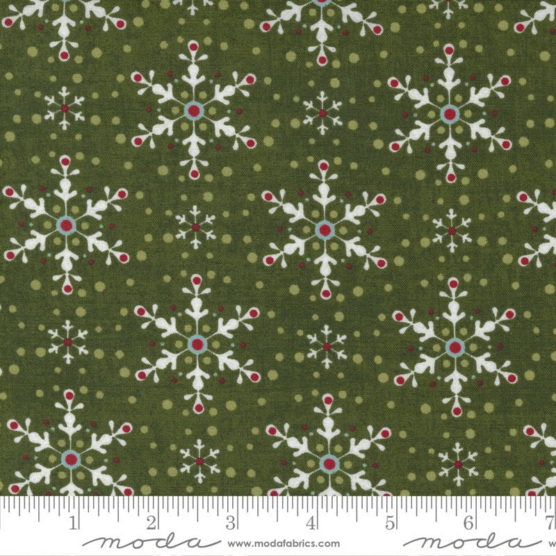 Peppermint Bark Pine Green Winter Dots Fabric - 35" REMNANT CUT- Moda Fabrics 30695-16, Green Snowflake Fabric, Snowflake Christmas Fabric