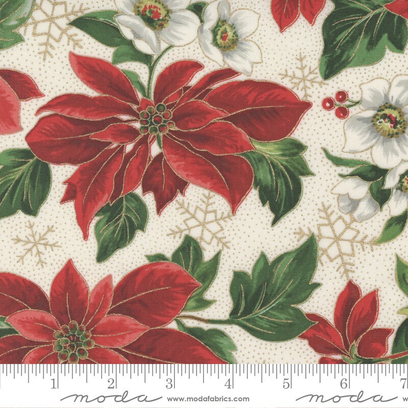 Merry Manor Poinsettia Florals Metallic Cream Fabric - Moda Fabrics 33660 11M, Red and Green Poinsettia Christmas Fabric By the Yard