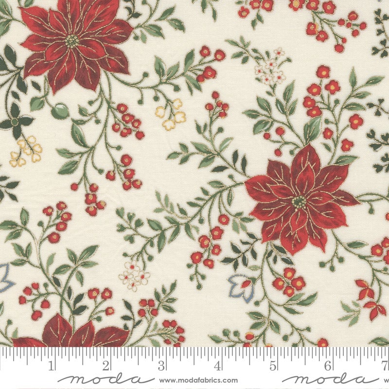 Merry Manor Poinsettia Waltz Metallic Cream Florals Fabric - Moda Fabrics 33661 11M, Red and Green Poinsettia Christmas Fabric By the Yard