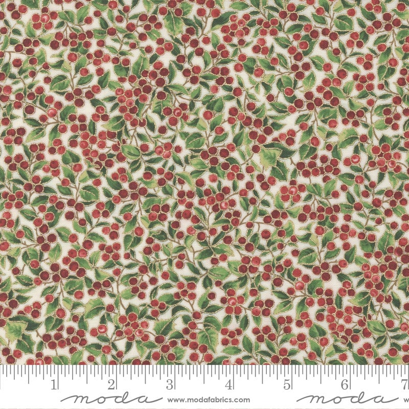 Merry Manor Hollyberry Christmas Berry Cream Fabric with Metallic - Moda 33664 11M, Red and Green Poinsettia Christmas Fabric By the Yard
