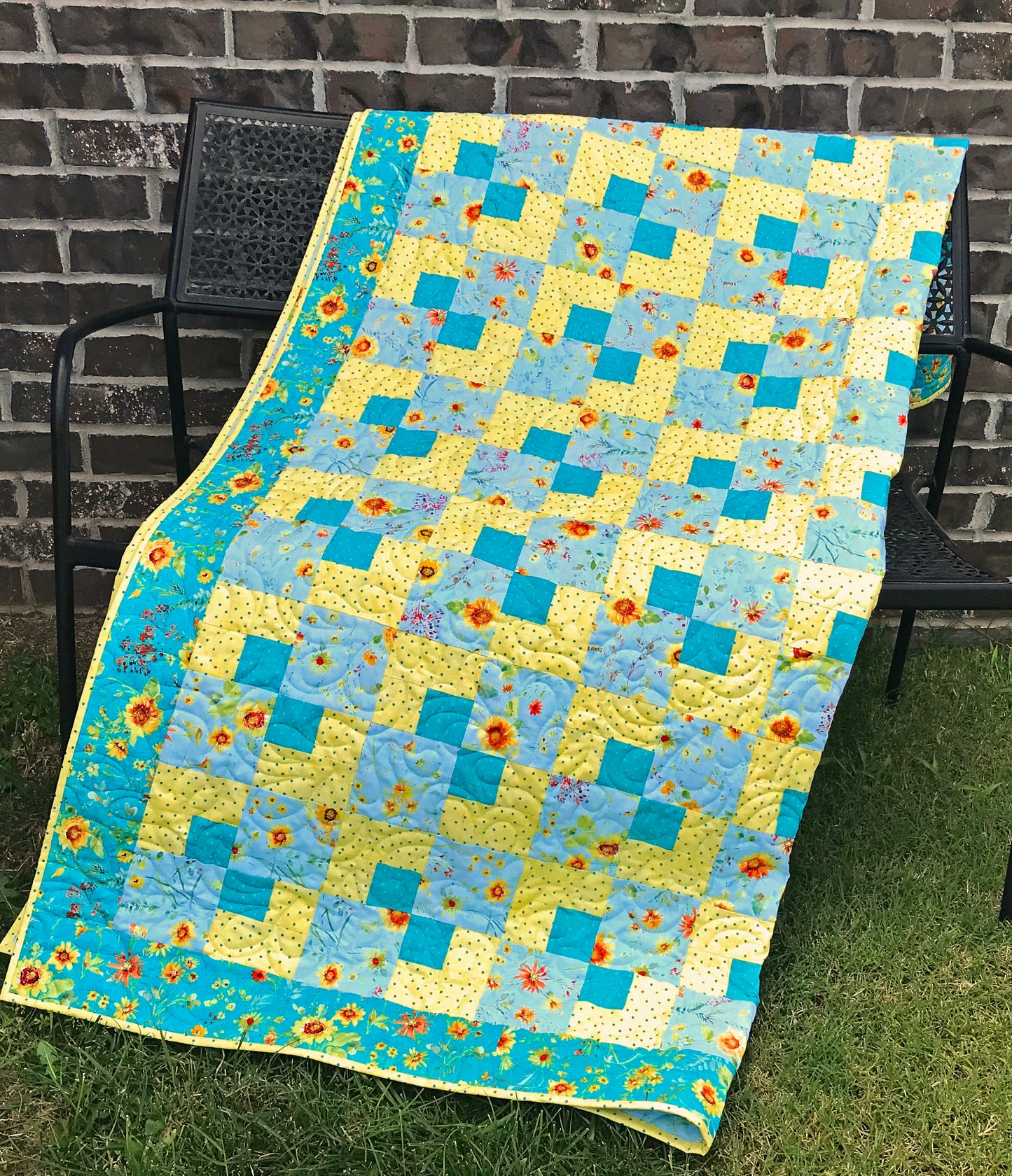 Teal and Yellow Sunflower Floral Throw Quilt, Handmade Four Patch Quilt with Teal and Yellow Flowers, Teal and Yellow Throw Quilt 61" X 69"