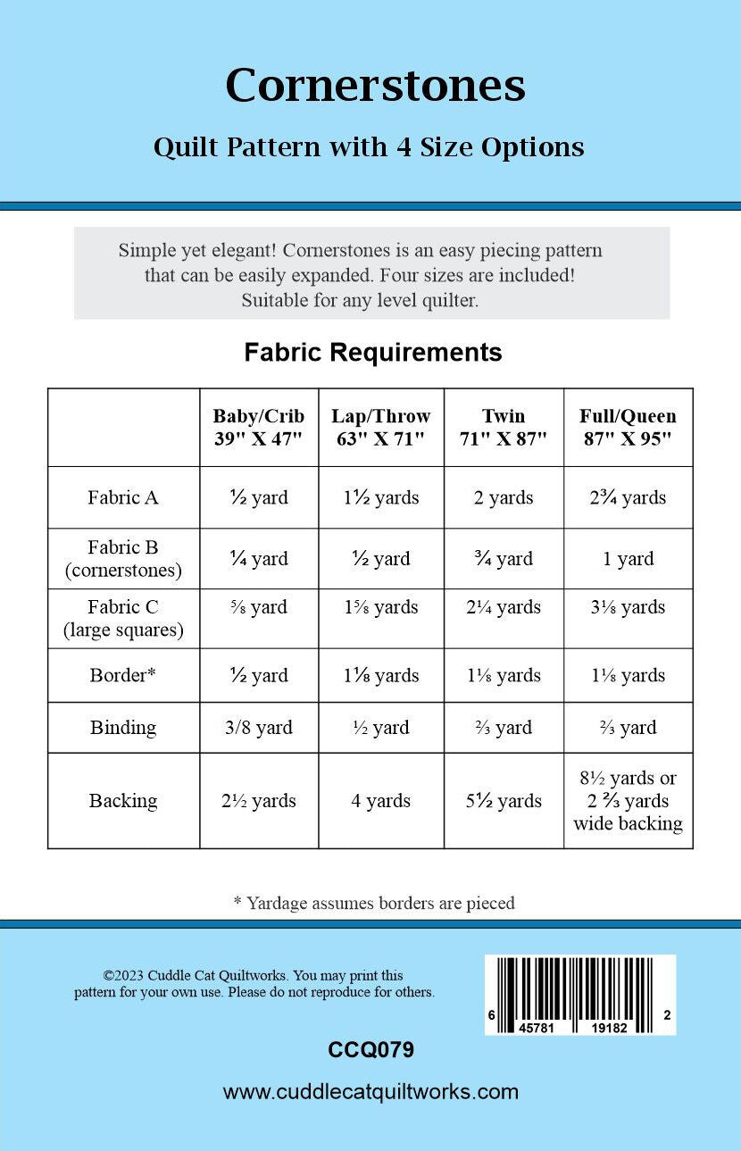 Back cover of Cornerstones quilt pattern.