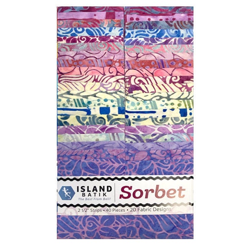 Island Batik Sorbet Strip Pack - 40 2 1/2" Pre Cut Fabric Strips, Purple Gray Blue Batik Fabric, Purple Pink Cream Batik Strip Pack