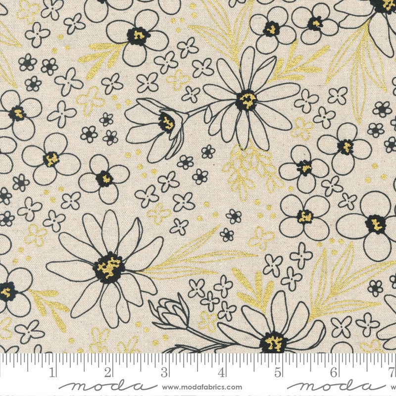 Gilded Flower Arrangement Mochi Linen Floral Metallic Gold Fabric - Moda 11531-21LM, Tan Black and Gold Floral Blender Fabric By the Yard