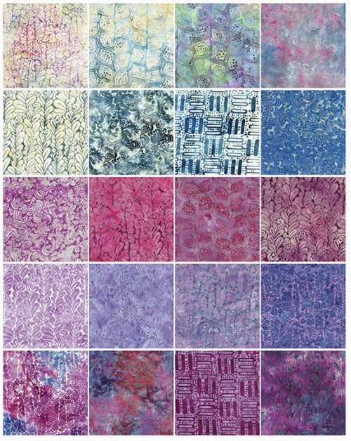 Island Batik Sorbet Strip Pack - 40 2 1/2" Pre Cut Fabric Strips, Purple Gray Blue Batik Fabric, Purple Pink Cream Batik Strip Pack