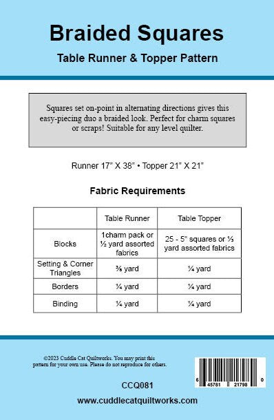 Braided Squares table runner and topper pattern back cover