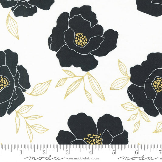 Gilded Bold Blossoms Large Floral Gold Metallic Fabric - Moda 11530-15M, Black & White Floral Fabric, Large Scale Floral Fabric By the Yard