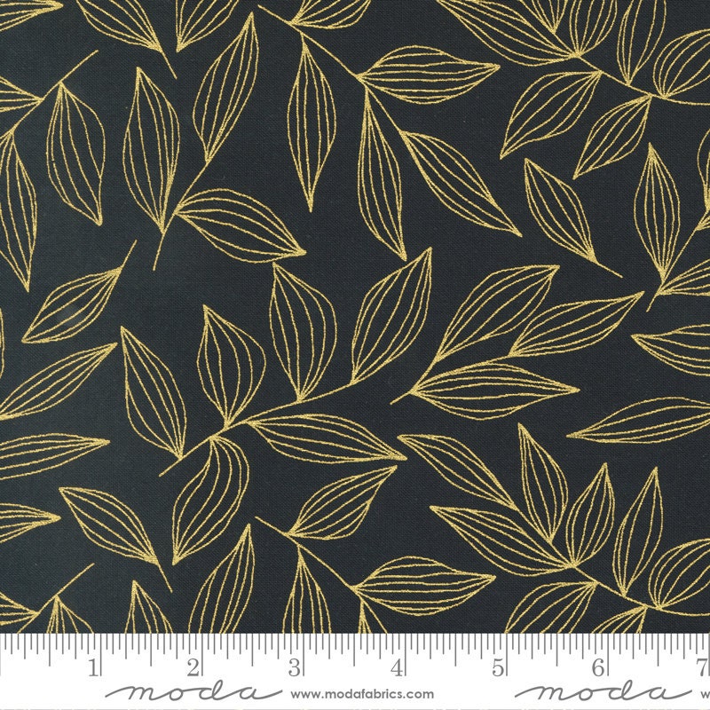 Gilded Black Leaves Blender Ink Gold Metallic Fabric - Moda 11532-16M, Black and Gold Leaf Fabric, Black Gold Blender Fabric By the Yard