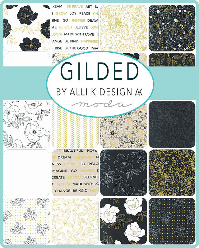 Gilded Layer Cake - Moda 11530LC, 42 - 10" Fabric Squares, Black White and Gold Metallic Floral Layer Cake, Modern Floral Layer Cake