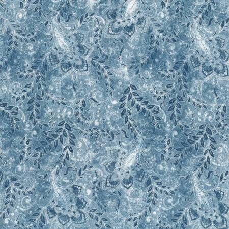 118" Denim Blue Classic Wide Quilt Backing Fabric - Oasis Fabrics 1840117, Blue Gray Leaves Wide Quilt Backing Fabric By the Yard