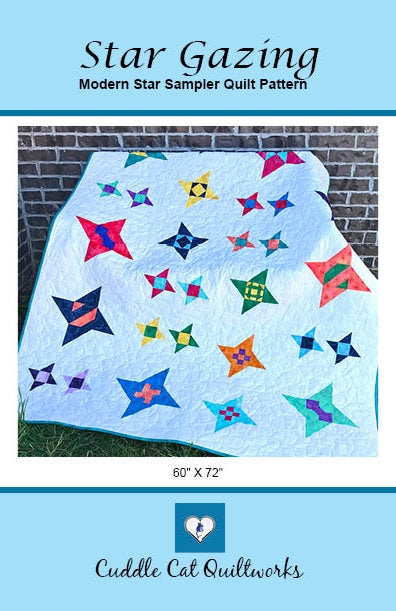 Front cover of Star Gazing modern star sampler quilt pattern.