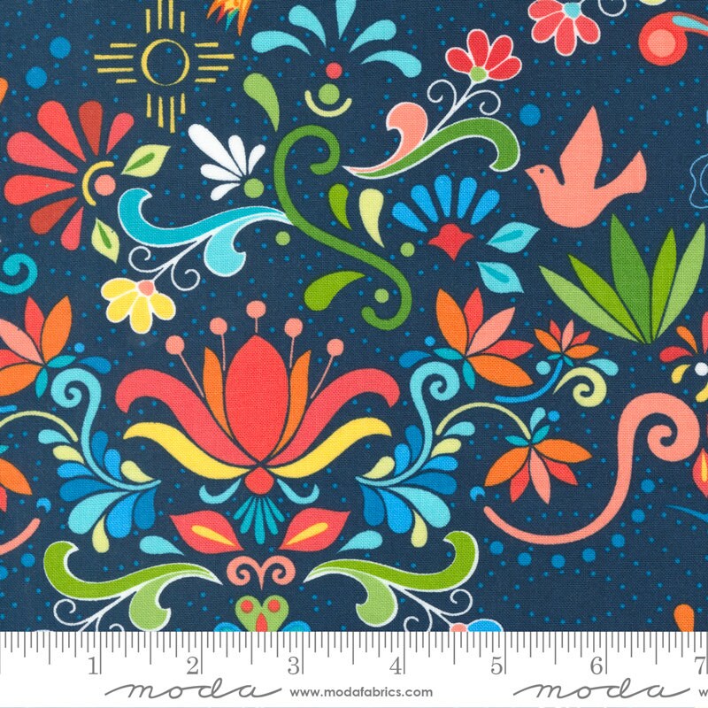 Land of Enchantment Talavera Floral Blue Fabric - Moda 45030-28, Talavera Blue Floral Fabric, Southwestern Floral Fabric By the Yard
