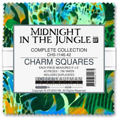 Midnight in the Jungle 5" Squares Charm Pack - Robert Kaufman CHS-1146-42, Jungle Themed Fabric Charm Pack, Jungle Animals Fabric Charm Pack