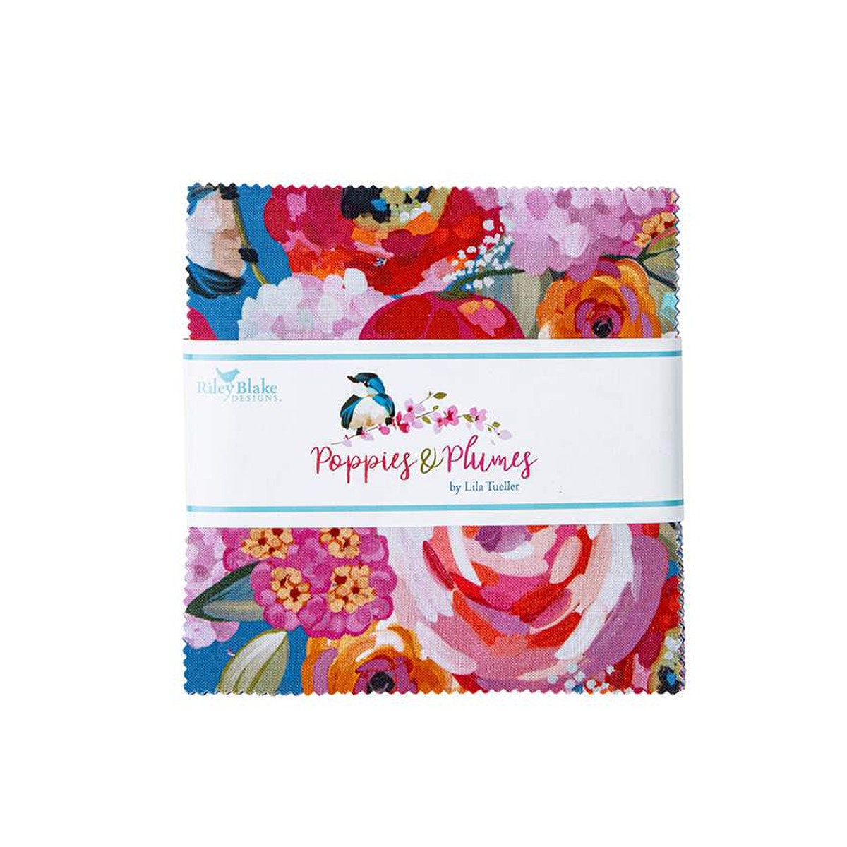 Poppies & Plumes 5" Stacker Charm Pack - Riley Blake Designs 5-14290-42, 42 - 5 X 5 Fabric Squares, Pink Green Blue Floral Charm Pack