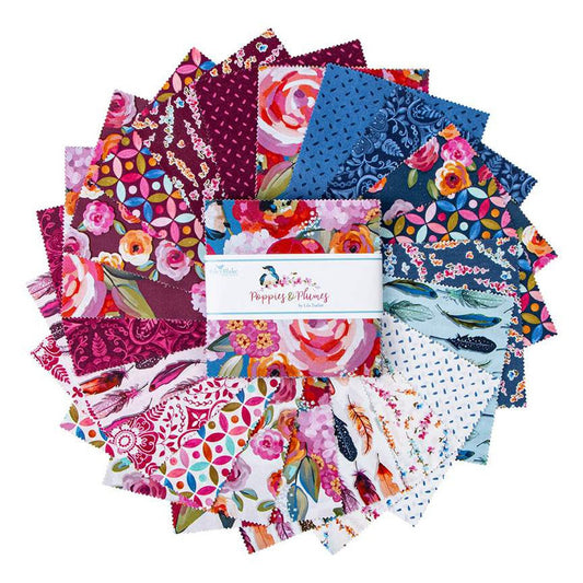 Poppies & Plumes 5" Stacker Charm Pack - Riley Blake Designs 5-14290-42, 42 - 5 X 5 Fabric Squares, Pink Green Blue Floral Charm Pack