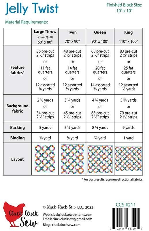 Jelly Twist Quilt Pattern - Cluck Cluck Sew CCS211, Jelly Roll Friendly Quilt Pattern with Four Size Options - Strip Quilt Pattern