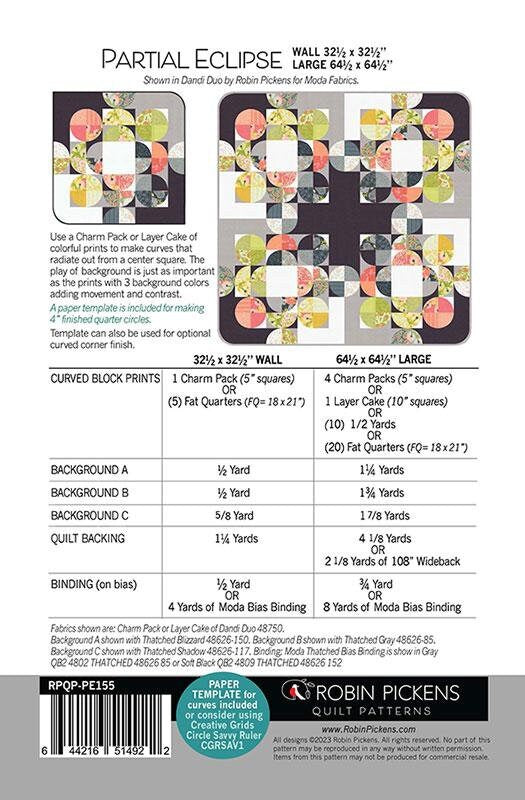 Partial Eclipse Quilt Pattern in Two Sizes - Robin Pickens RPQP-PE155, Charm Pack and Layer Cake Friendly Quilt Pattern in Two Sizes