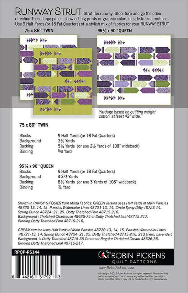 Runway Strut Quilt Pattern in Three Sizes - Robin Pickens RPQP-RS144, Fat Quarter Friendly Quilt Pattern - Modern Throw Quilt Pattern