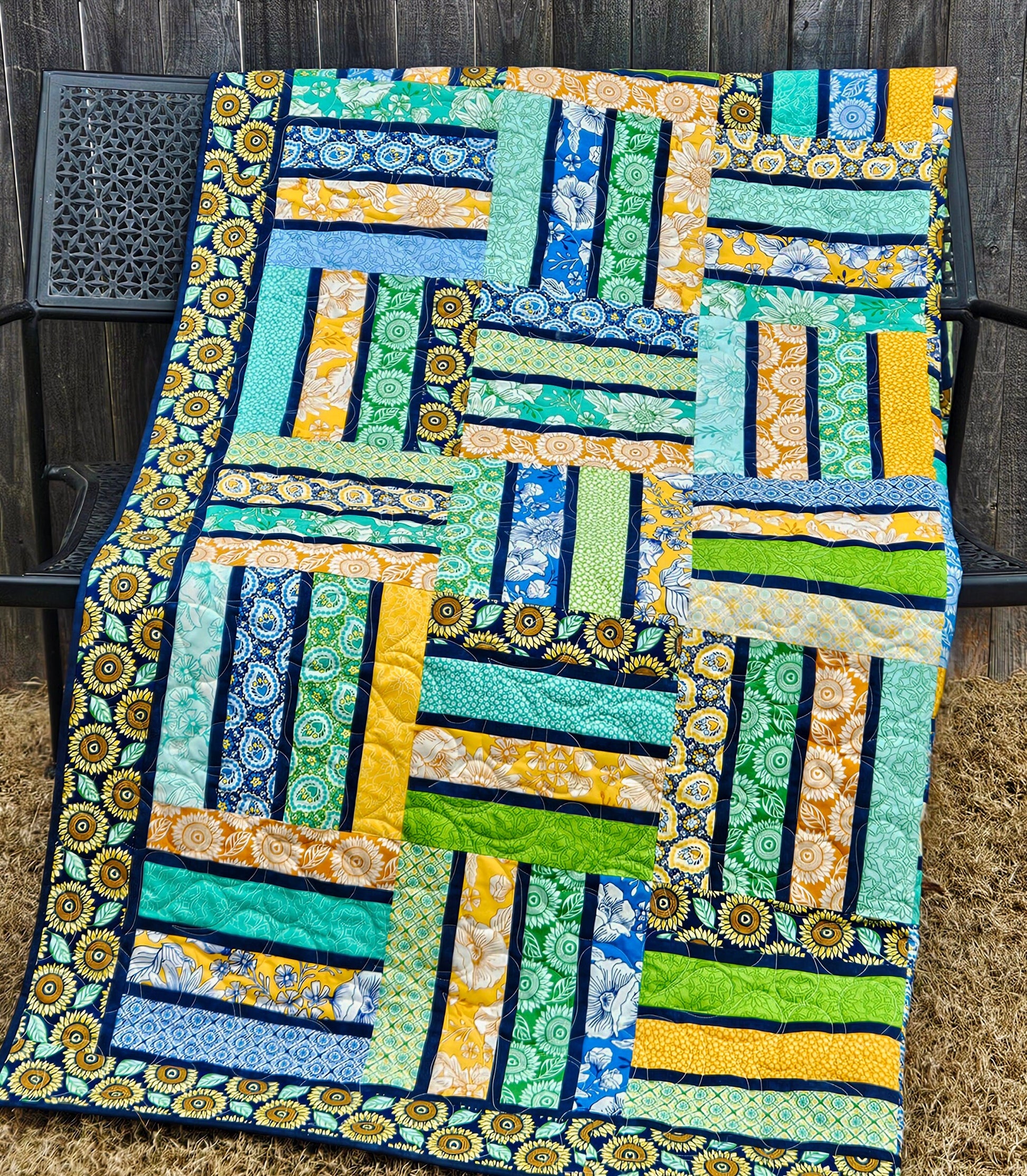 Blue Yellow and Green Sunflower Themed Throw Quilt, Handmade Quilt with Sunflower Florals and Blue Accents 63" X 72"