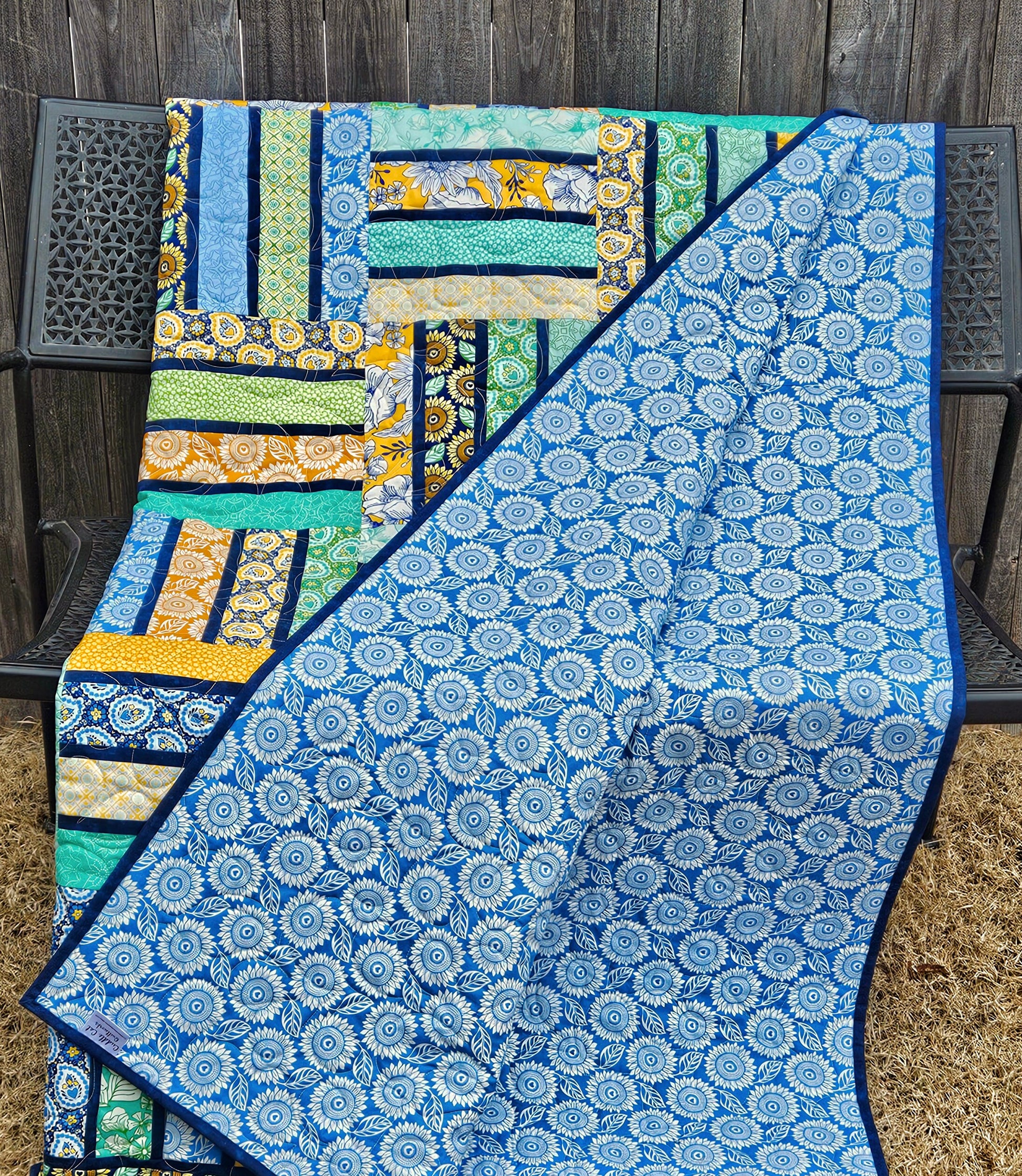 Blue Yellow and Green Sunflower Themed Throw Quilt, Handmade Quilt with Sunflower Florals and Blue Accents 63" X 72"